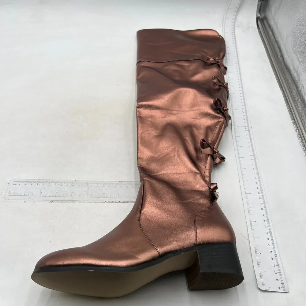 XYD Women Over The Knee Thigh High Riding Boots Chunky Heel Round Toe Brown Shoe - Picture 3 of 8